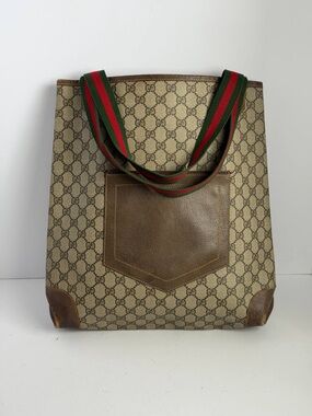 Vintage Gucci GG Supreme Monogram Tote Bag Web Stripe Handles